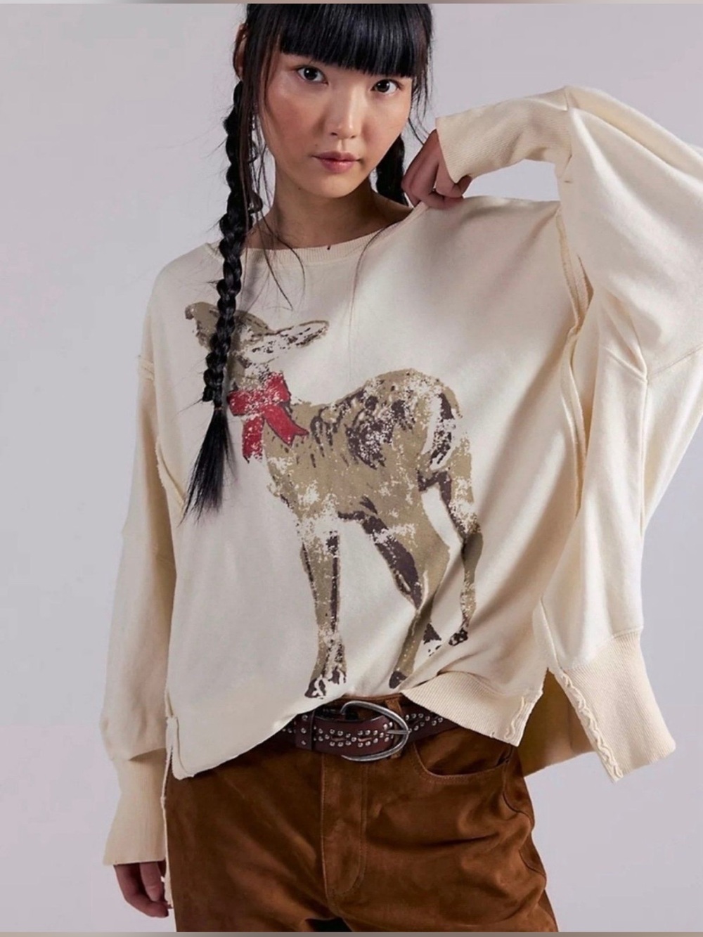 Free People Cream Deer Graphic Pullover with Red Bow new without tags